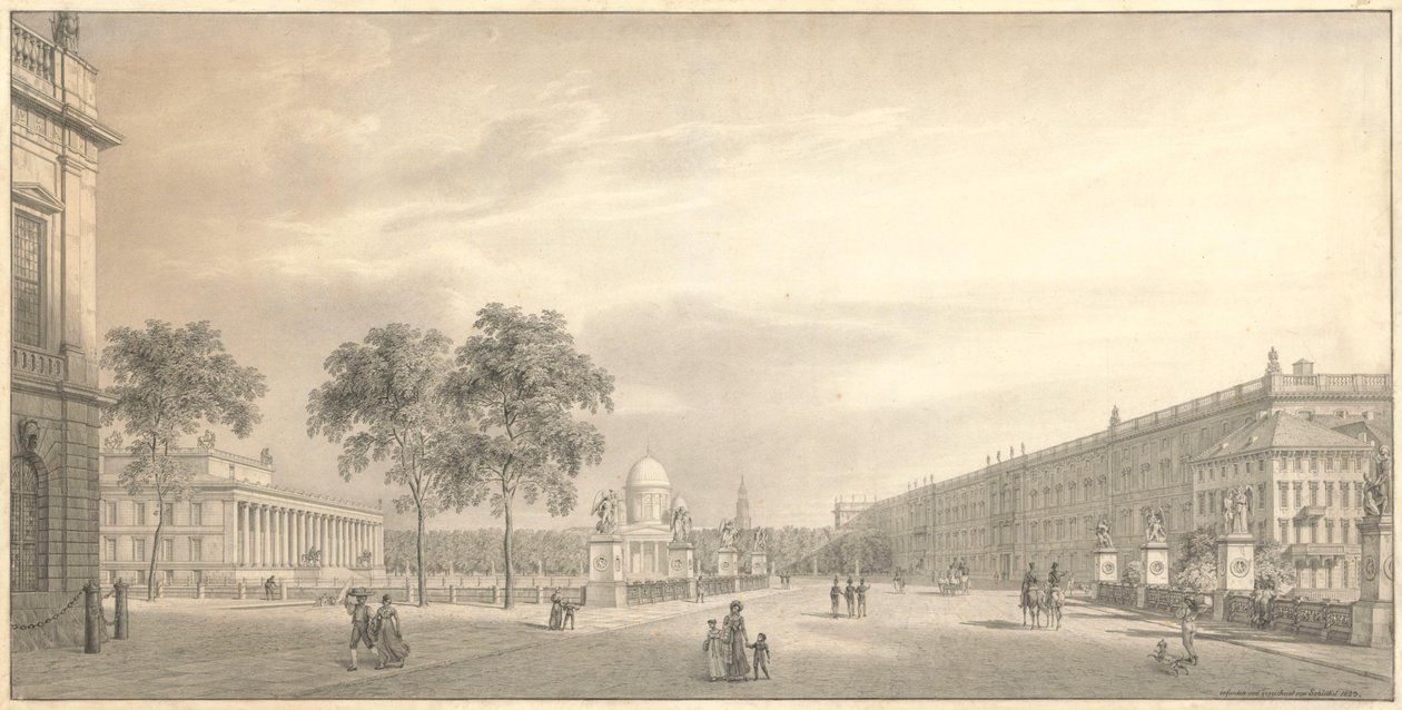 Berlin, Unter den Linden. Utsikt över Lustgarten med Schlossbrücke, Alte Museum, domkyrkan och slottet av Karl Friedrich Schinkel