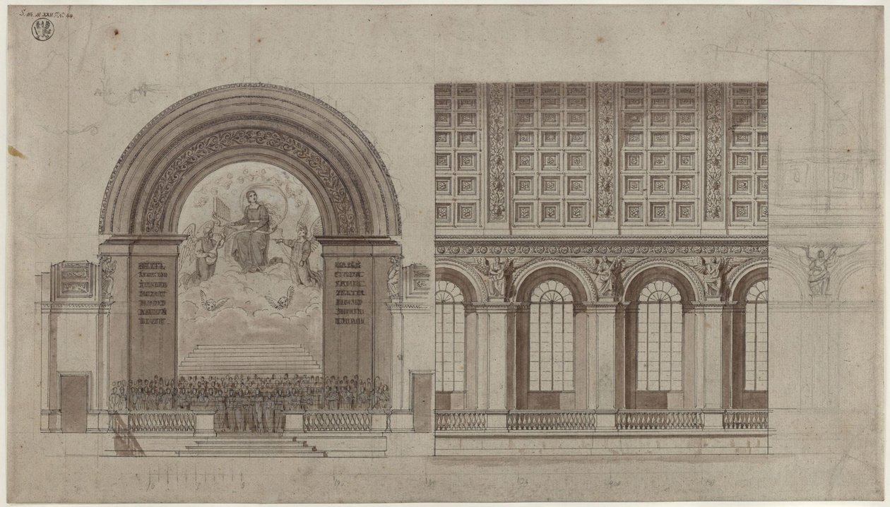 Berlin, Unter den Linden. Förslag till en sal för Sing-Akademie i Konstakademiens bakre flygel. Tvärsnitt och längdsnitt av Karl Friedrich Schinkel