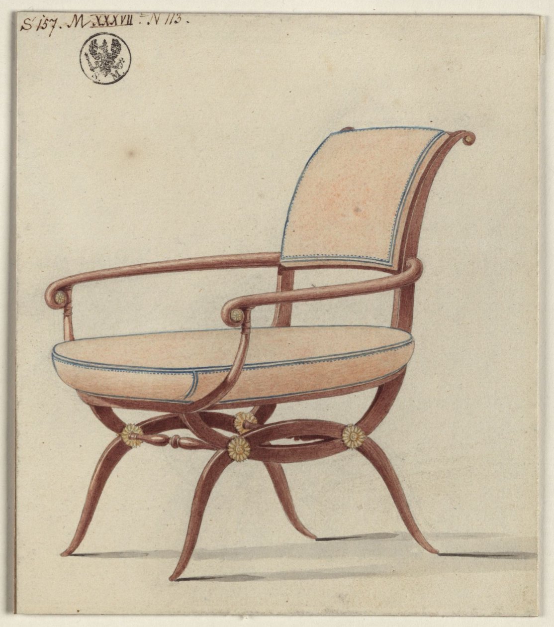 Berlin, Unter den Linden. Kungliga slottet, Fredrik Vilhelm III:s sämskfärgade rum. Förslag till en karmstol av Karl Friedrich Schinkel