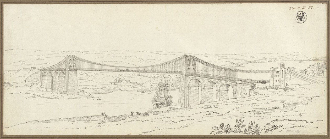 Utsikt över hängbron över Menaisundet nära Bangor i Wales av Karl Friedrich Schinkel