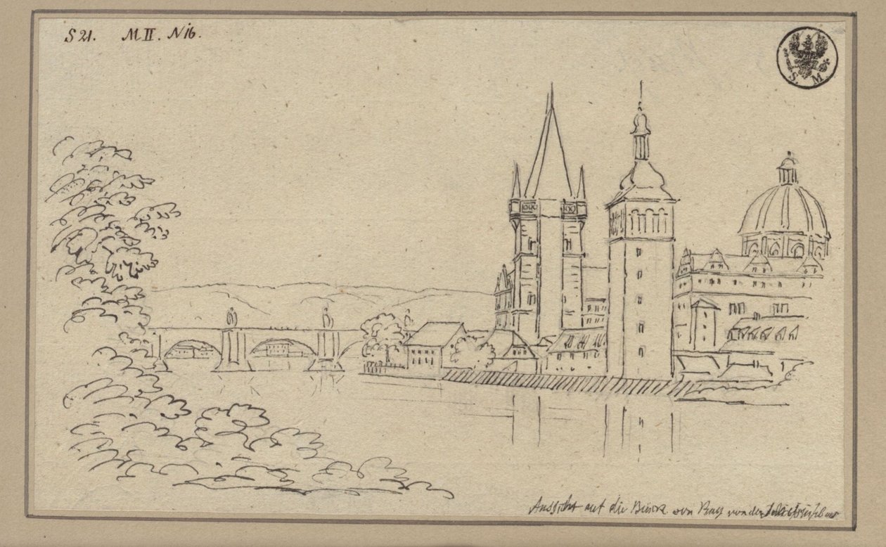 Utsikt över Karlsbron i Prag med Gamla stadens brotorn och kupolen på Korsherrekyrkan av Karl Friedrich Schinkel