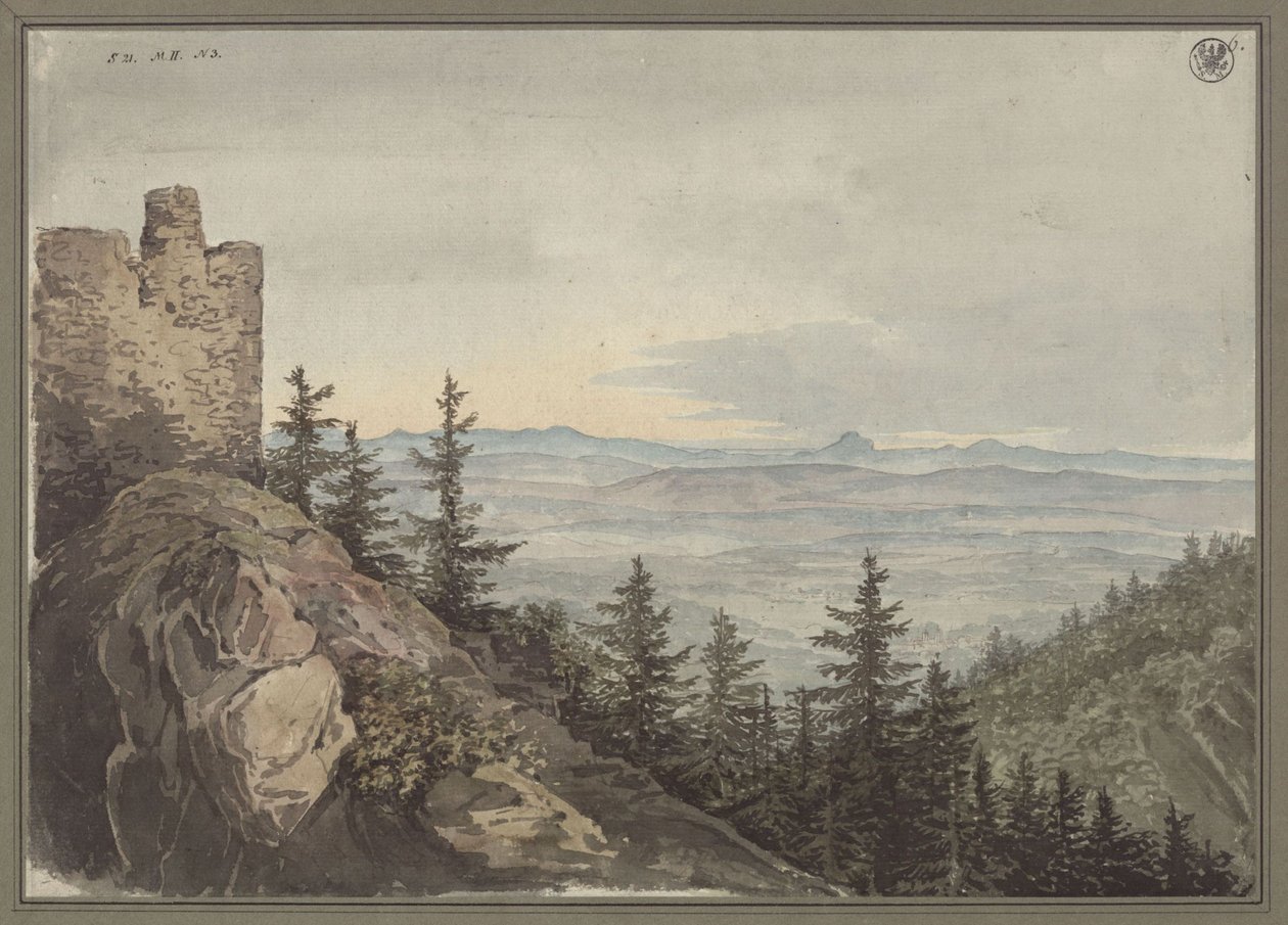Utsikt från ruinen Geiersburg över slätten vid Teplitz med klostret Maria Schein, med de böhmiska bergen i bakgrunden av Karl Friedrich Schinkel