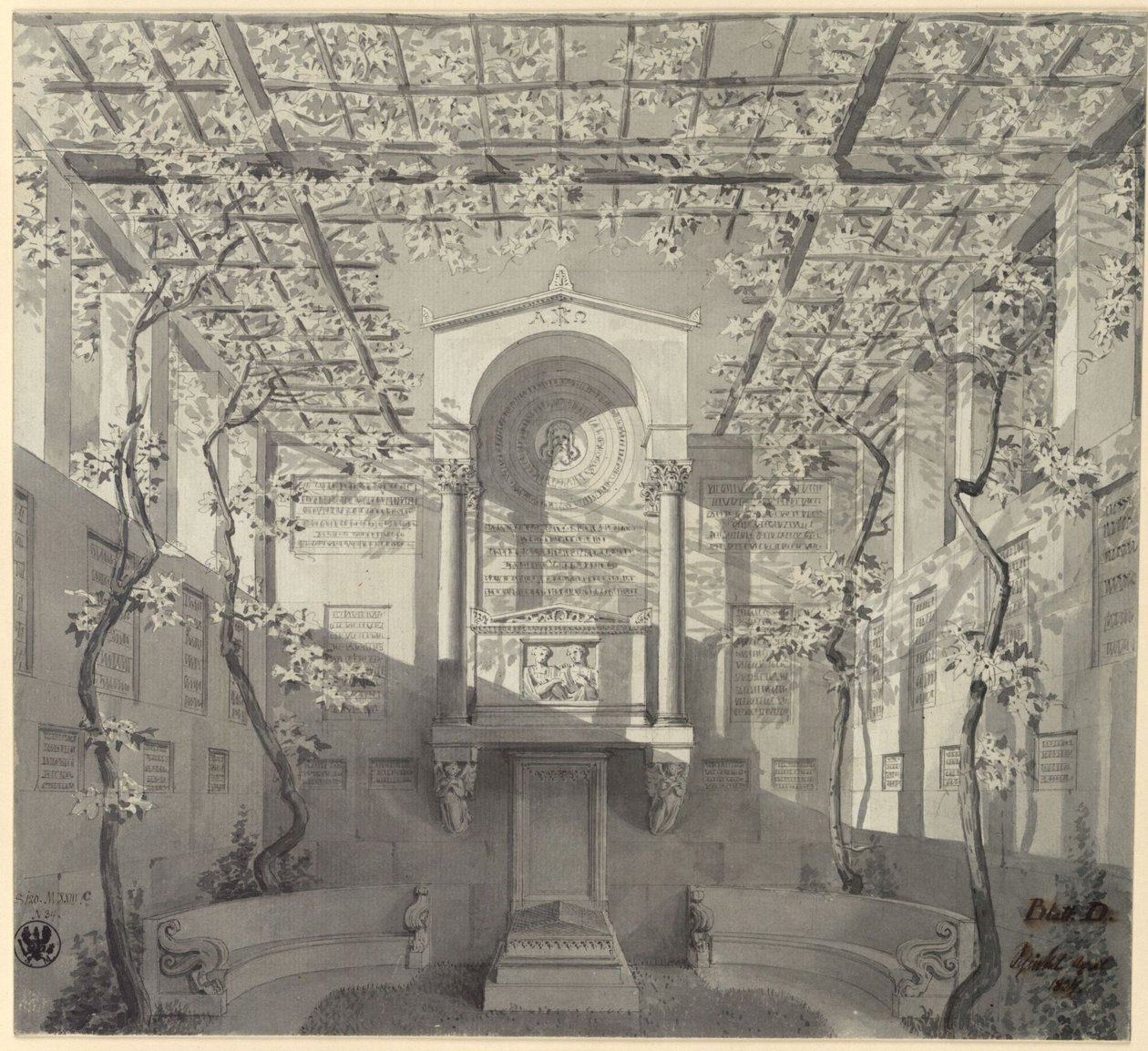 Bonn. Utkast till gravmonument för Barthold Georg Niebuhr, med pergola av Karl Friedrich Schinkel