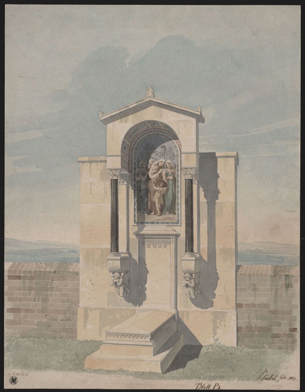 Bonn. Förslag till gravmonument för Barthold Georg Niebuhr, med bilden av de kristna dygderna ”Tro, Kärlek, Hopp” av Karl Friedrich Schinkel