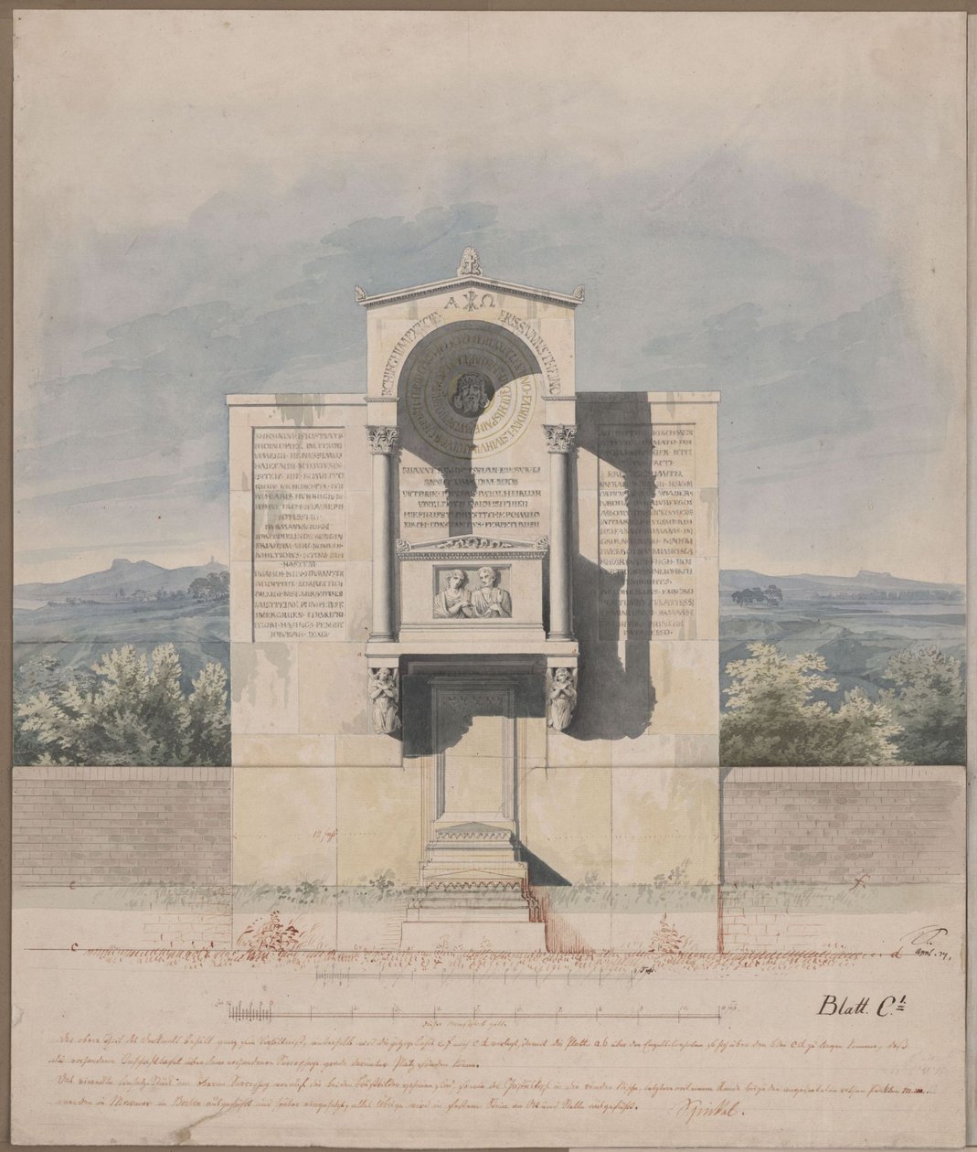 Bonn. Utformning till gravmonumentet över Barthold Georg Niebuhr, med ett reliefporträtt av makarna av Karl Friedrich Schinkel
