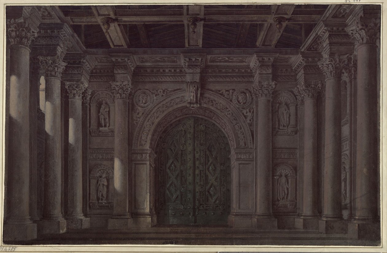 Bruden från Messina. Sorgespel av Friedrich Schiller. Utkast till den 1:a och den sista dekoren. Hall med kolonner och portal av Karl Friedrich Schinkel