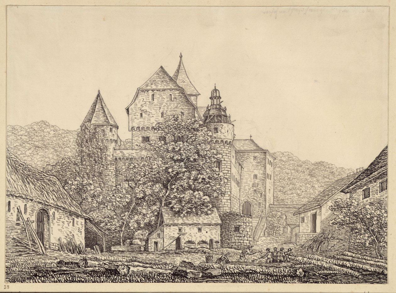 Slottsliknande byggnadsgrupp i ett bergslandskap av Karl Friedrich Schinkel