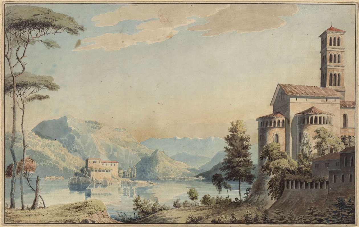 Dekoration för allmänt bruk. Landskap med sjö och kyrka av Karl Friedrich Schinkel