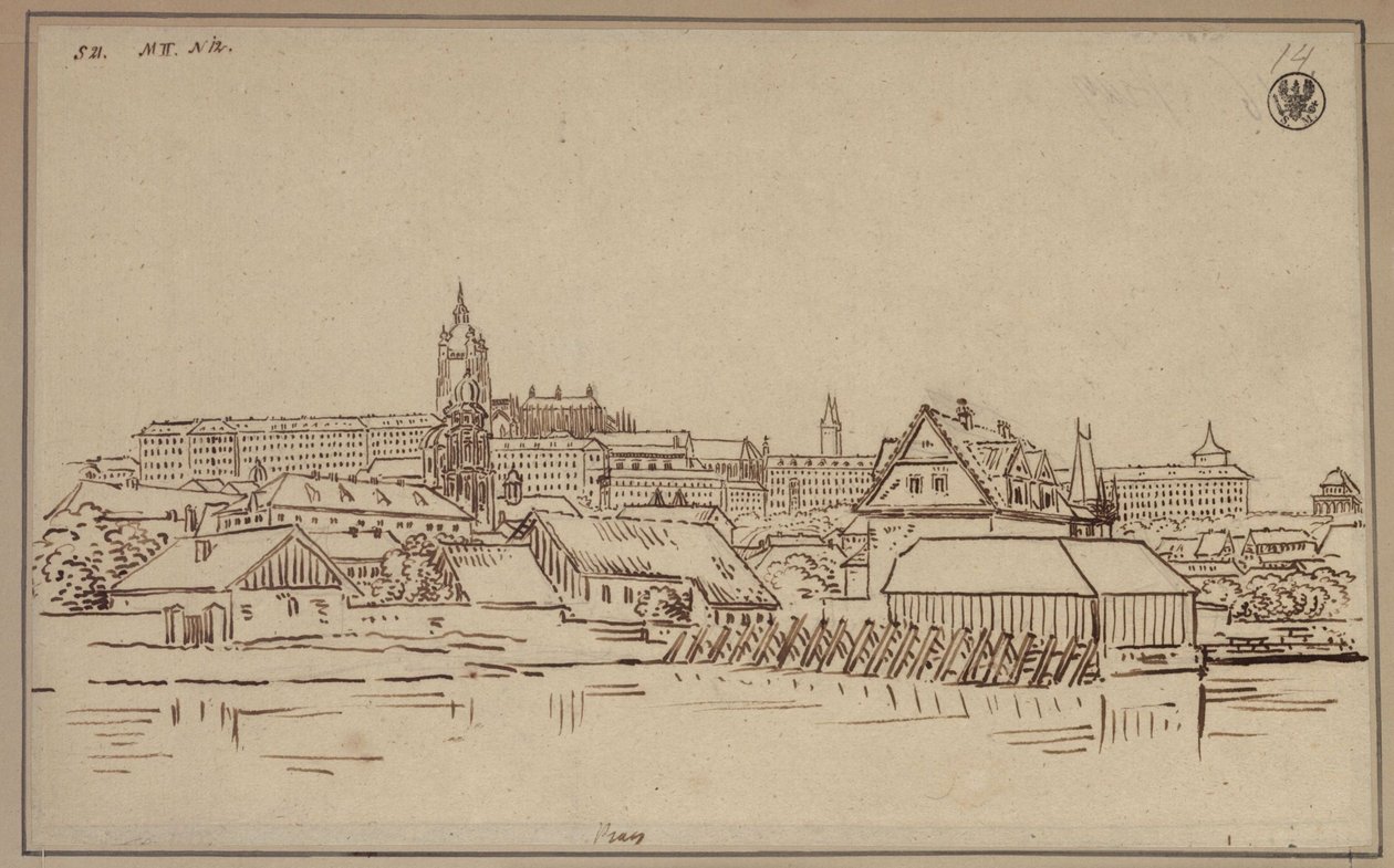 Hradčany i Prag, med byggnader i Malá Strana i förgrunden av Karl Friedrich Schinkel