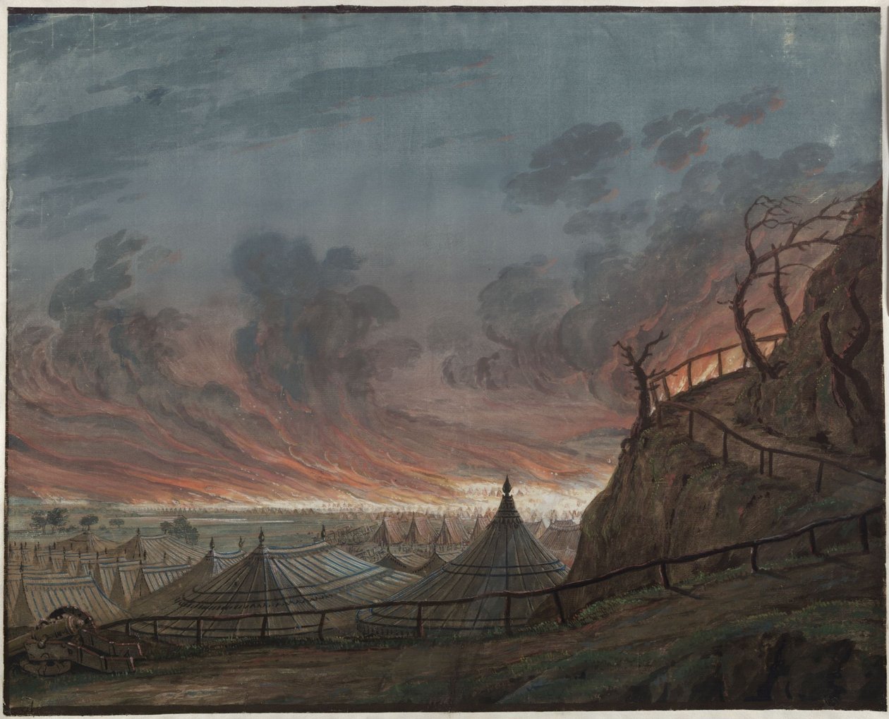 Jungfrun från Orléans. Sorgespel av Friedrich Schiller. Förslag till den 4:e dekorationen. Engländernas brinnande läger av Karl Friedrich Schinkel
