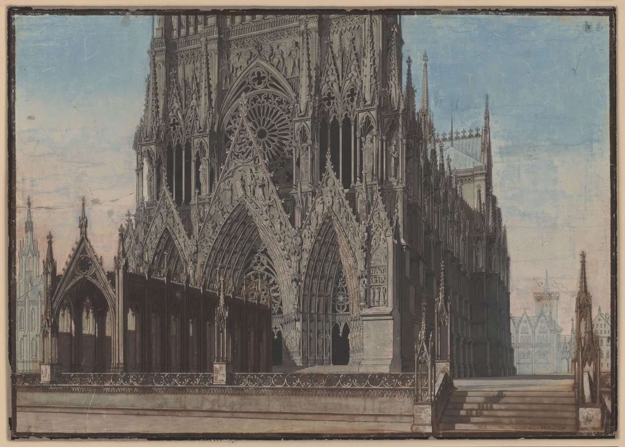 Jungfrun av Orléans. Tragedi av Friedrich Schiller. Utkast till den 9:e dekorationen. Fasaden på katedralen i Reims av Karl Friedrich Schinkel