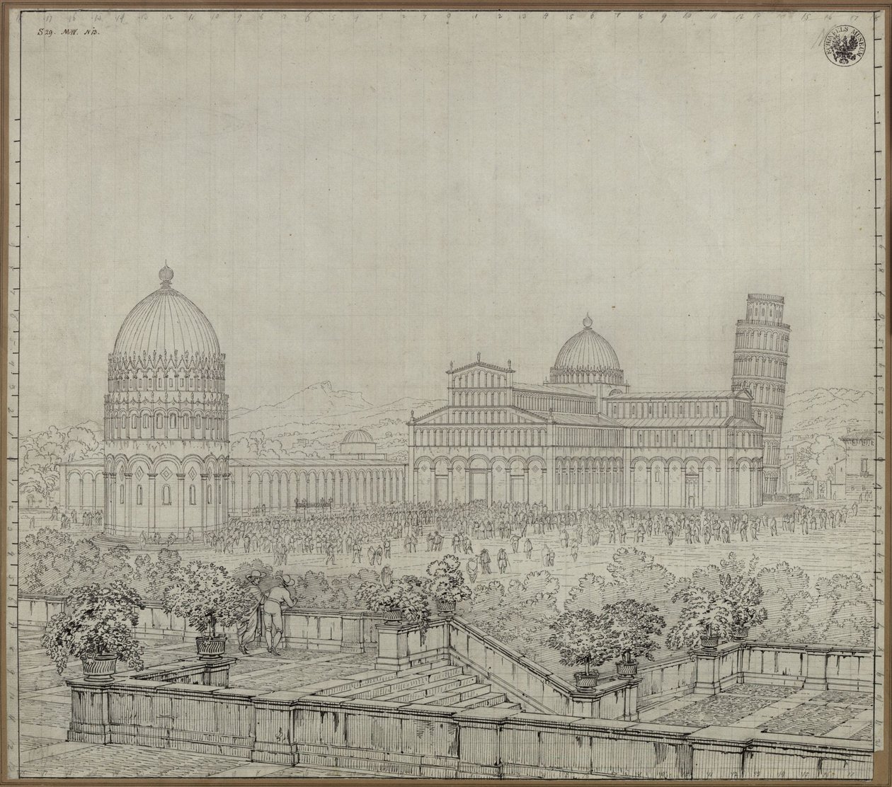 "Katedralen, det lutande tornet, Camposanto och baptisteriet i Pisa" av Karl Friedrich Schinkel