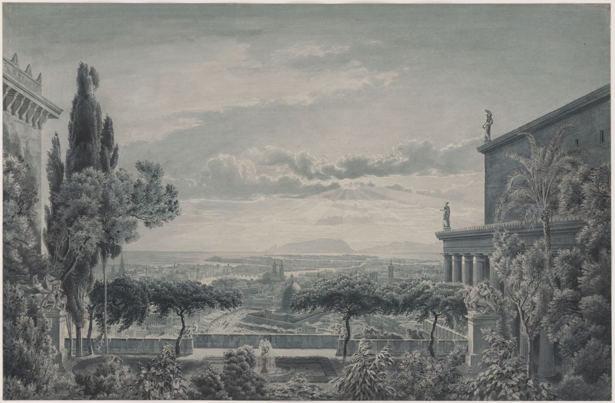 En furstes residens. Fursteparets privata trädgård med utsikt över staden och havet av Karl Friedrich Schinkel
