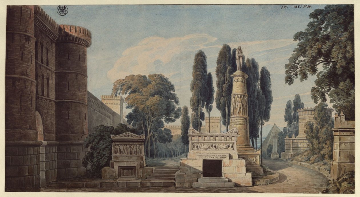 Vestalen. Opera av Gaspare Spontini. Utkast till den 3:e dekoren. Utsikt över en antik romersk gravgata av Karl Friedrich Schinkel