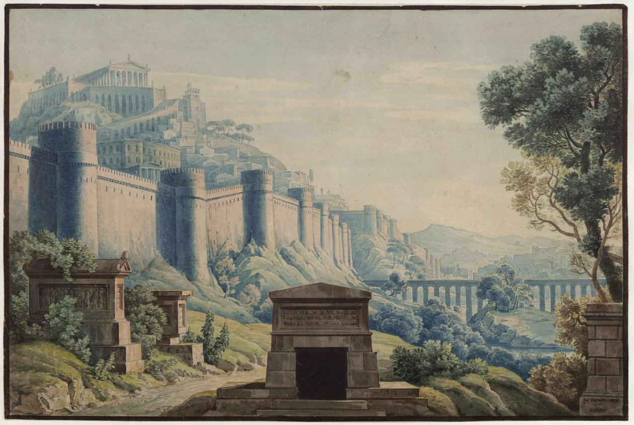 Vestalen. Opera av Gaspare Spontini. Förslag till den 3:e dekorationen. Antikinspirerad stad på ett berg bakom höga murar av Karl Friedrich Schinkel