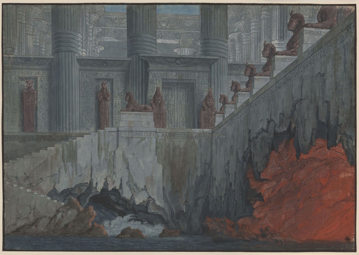 Trollflöjten. Opera av Wolfgang Amadeus Mozart. Skiss till den 11:e dekorationen. Eldens och vattnets tempel av Karl Friedrich Schinkel