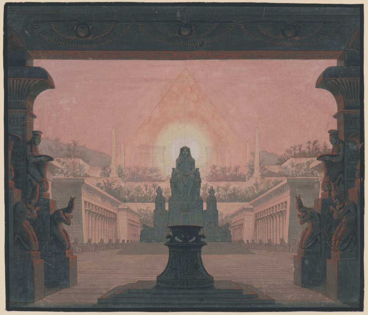 Trollflöjten. Opera av Wolfgang Amadeus Mozart. Utkast till den 12:e dekorationen. Sarastros soltempel av Karl Friedrich Schinkel