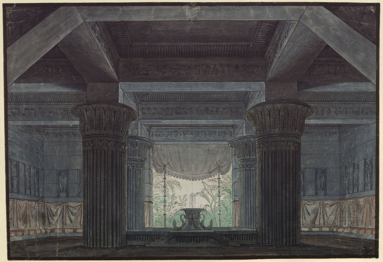 Trollflöjten. Opera av Wolfgang Amadeus Mozart. Skiss till den 3:e dekoren. Sal i Sarastros borg av Karl Friedrich Schinkel