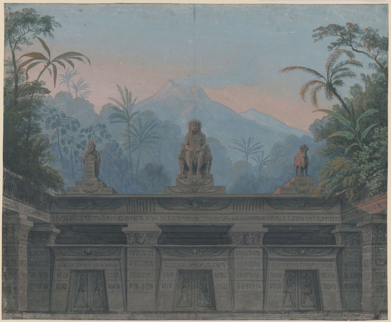 Trollflöjten. Opera av Wolfgang Amadeus Mozart. Skiss till den fjärde scendekorationen. Förgården till Sarastros tempel av Karl Friedrich Schinkel