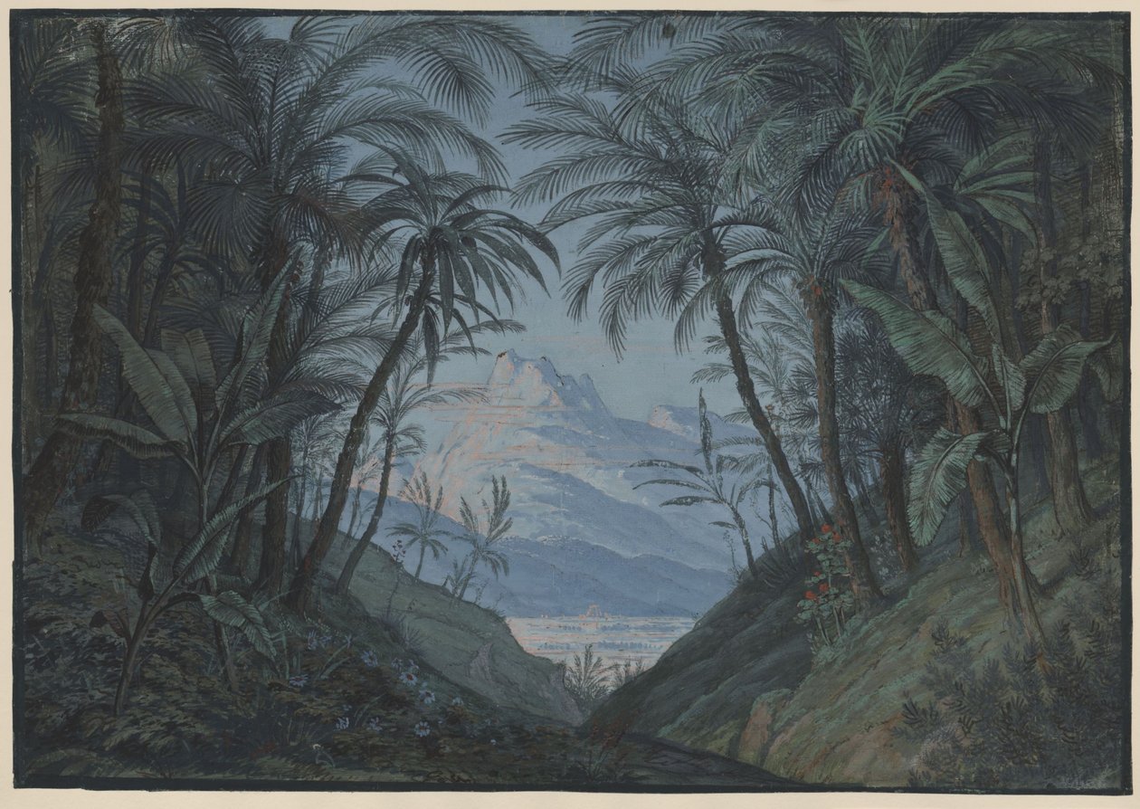 Trollflöjten. Opera av Wolfgang Amadeus Mozart. Skiss till den femte scendekorationen. Palmlund, platsen för prästersamlingen av Karl Friedrich Schinkel