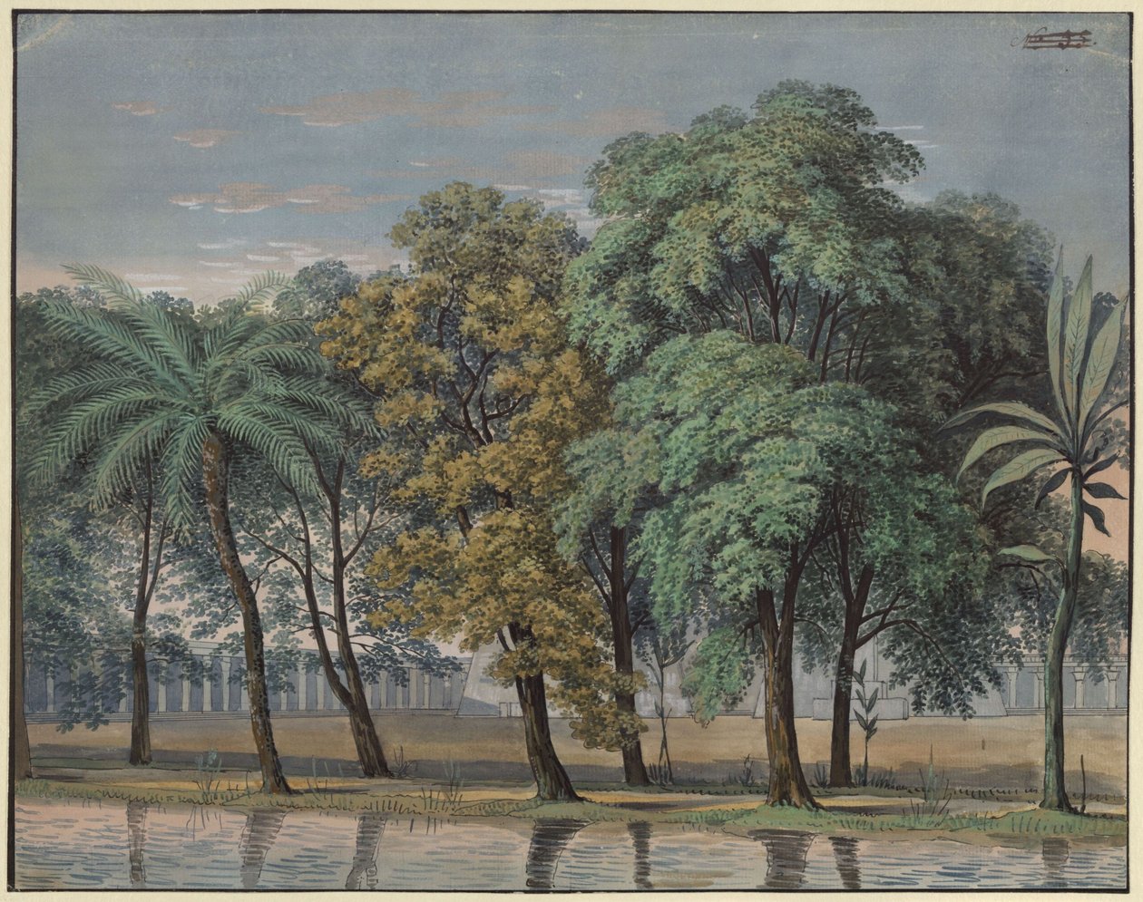 Trollflöjten. Opera av Wolfgang Amadeus Mozart. Skiss till den 6:e kulissen. Förgården till prövningstemplet av Karl Friedrich Schinkel