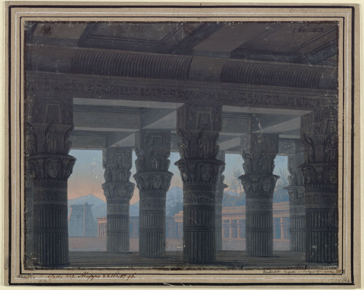Trollflöjten. Opera av Wolfgang Amadeus Mozart. Skiss till den 8:e dekoren. Labyrintens förhall av Karl Friedrich Schinkel