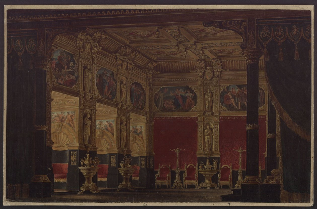 Don Carlos. Tragedi av Friedrich Schiller. Utkast till den femte scendekorationen. Prinsessan av Ebolis kabinett av Karl Friedrich Schinkel