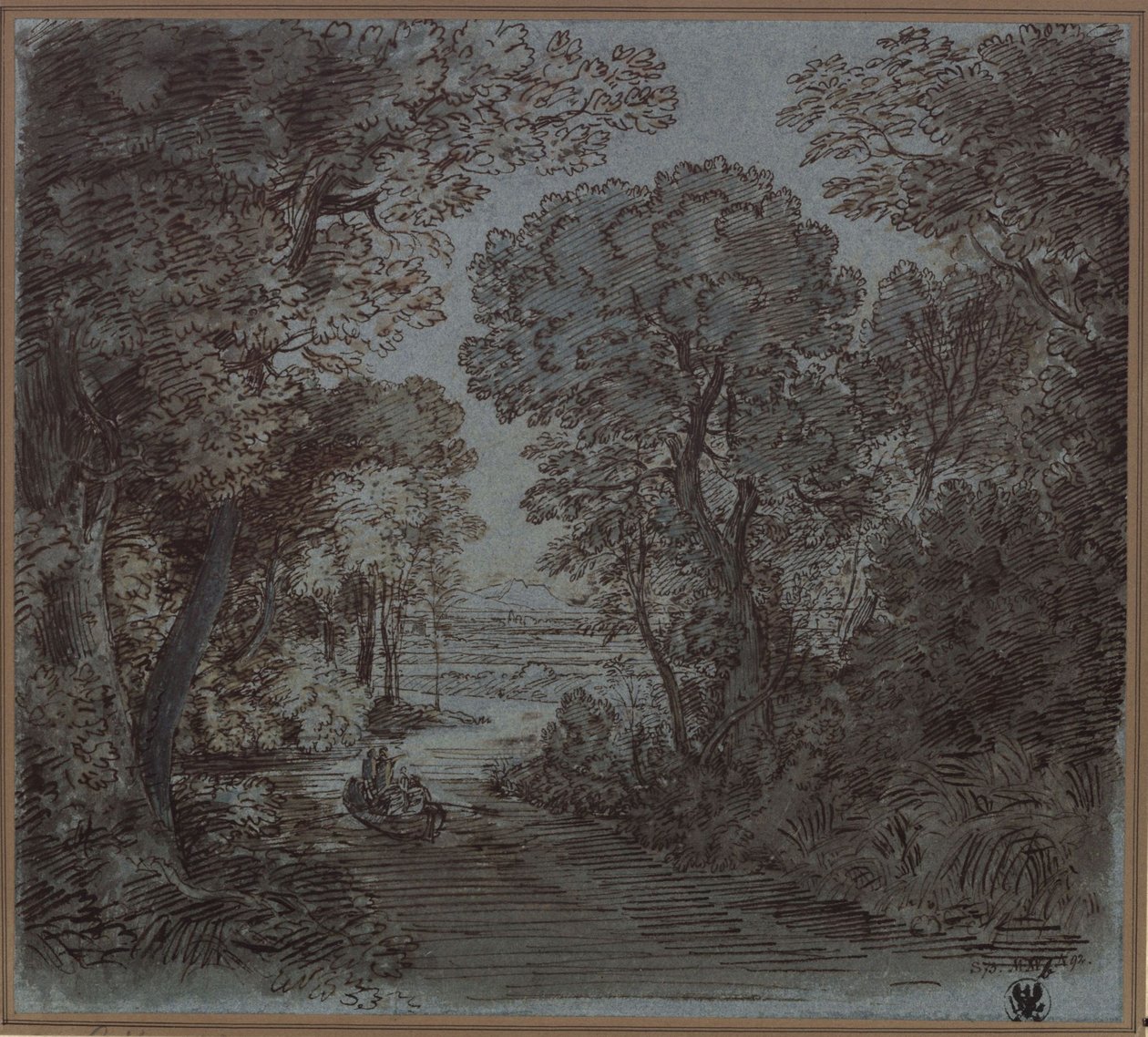 En flod bland träden med utsikt över ett berg i fjärran av Karl Friedrich Schinkel