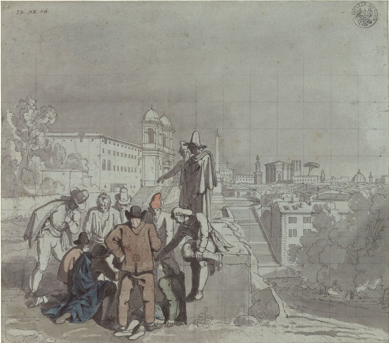 En grupp spelare med kyrkan Santa Trinità dei Monti i Rom i bakgrunden av Karl Friedrich Schinkel