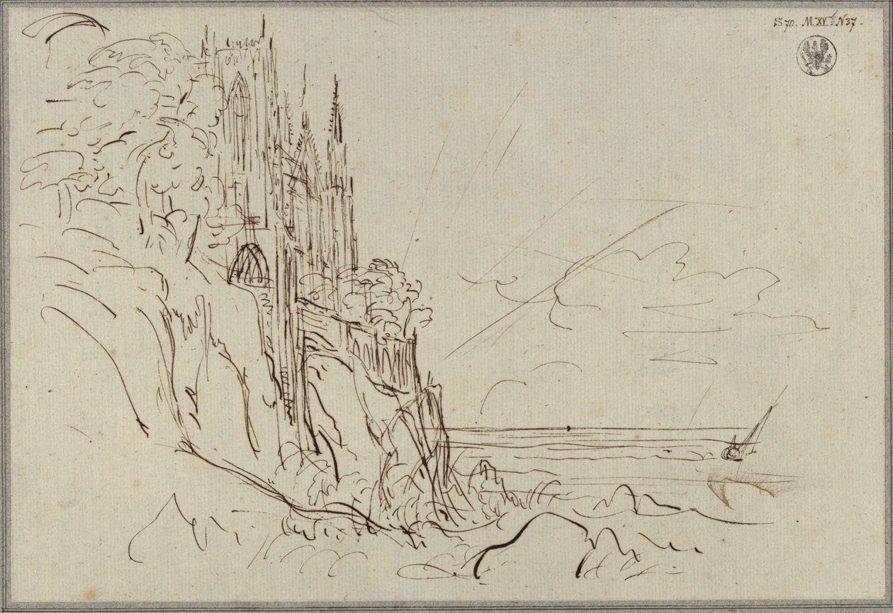 En gotisk kyrka vid en brant havskust framför den uppgående solen av Karl Friedrich Schinkel