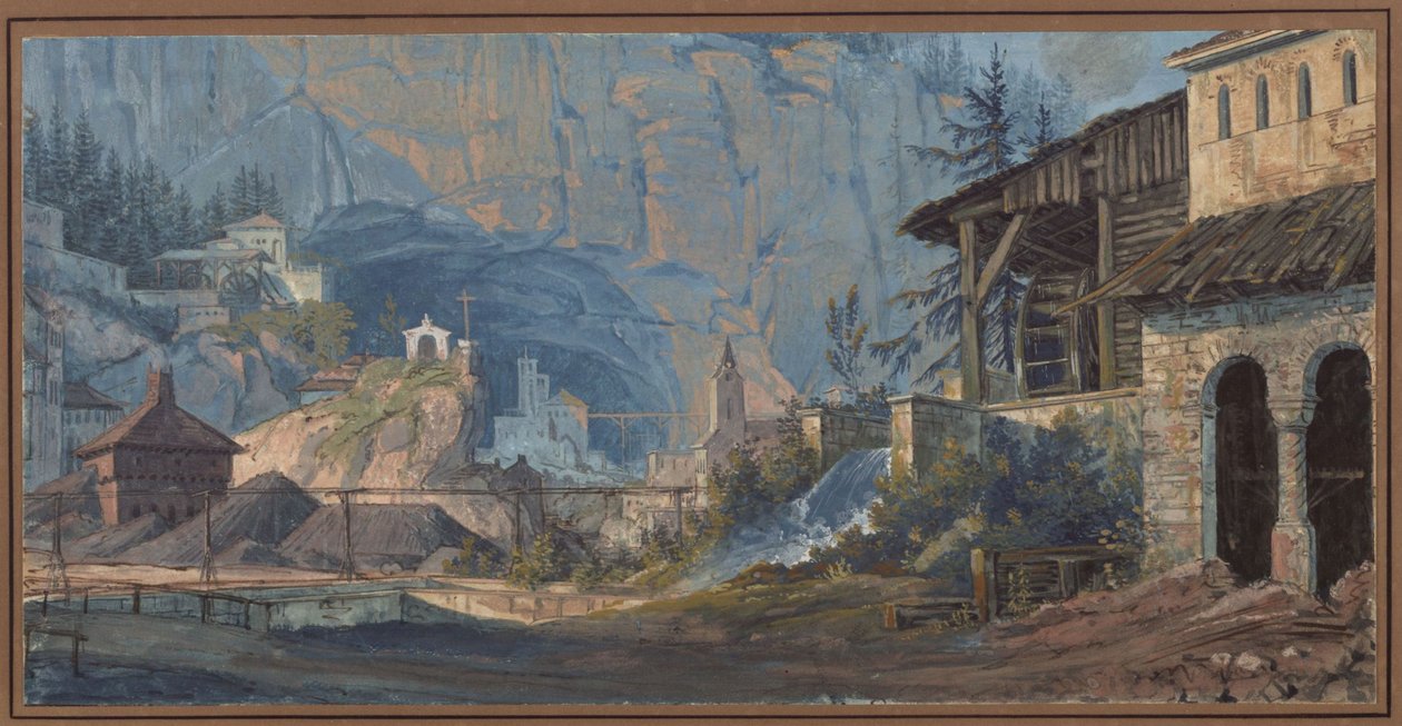 Järngruva i Katalonien. Exteriörvy av Karl Friedrich Schinkel