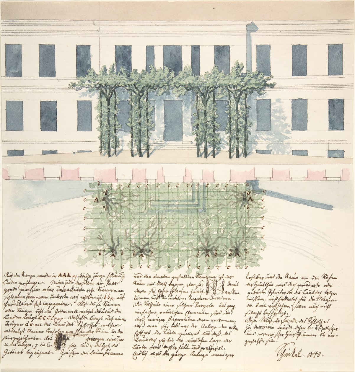 Höjd och plan över en byggnads fasad, 1840. av Karl Friedrich Schinkel
