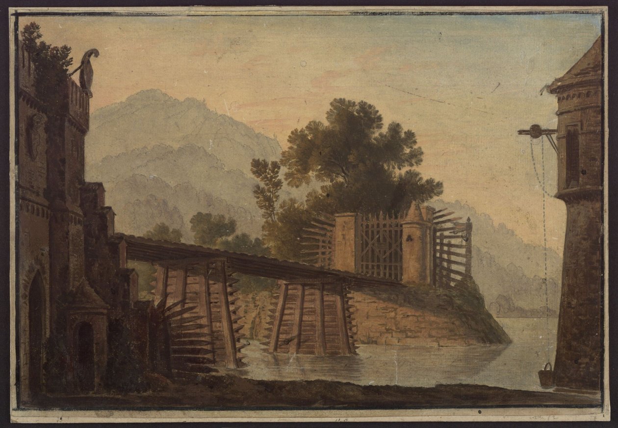 Faniska. Opera av Luigi Cherubini. Skiss till den tredje scendekorationen. Bro över en sjö av Karl Friedrich Schinkel