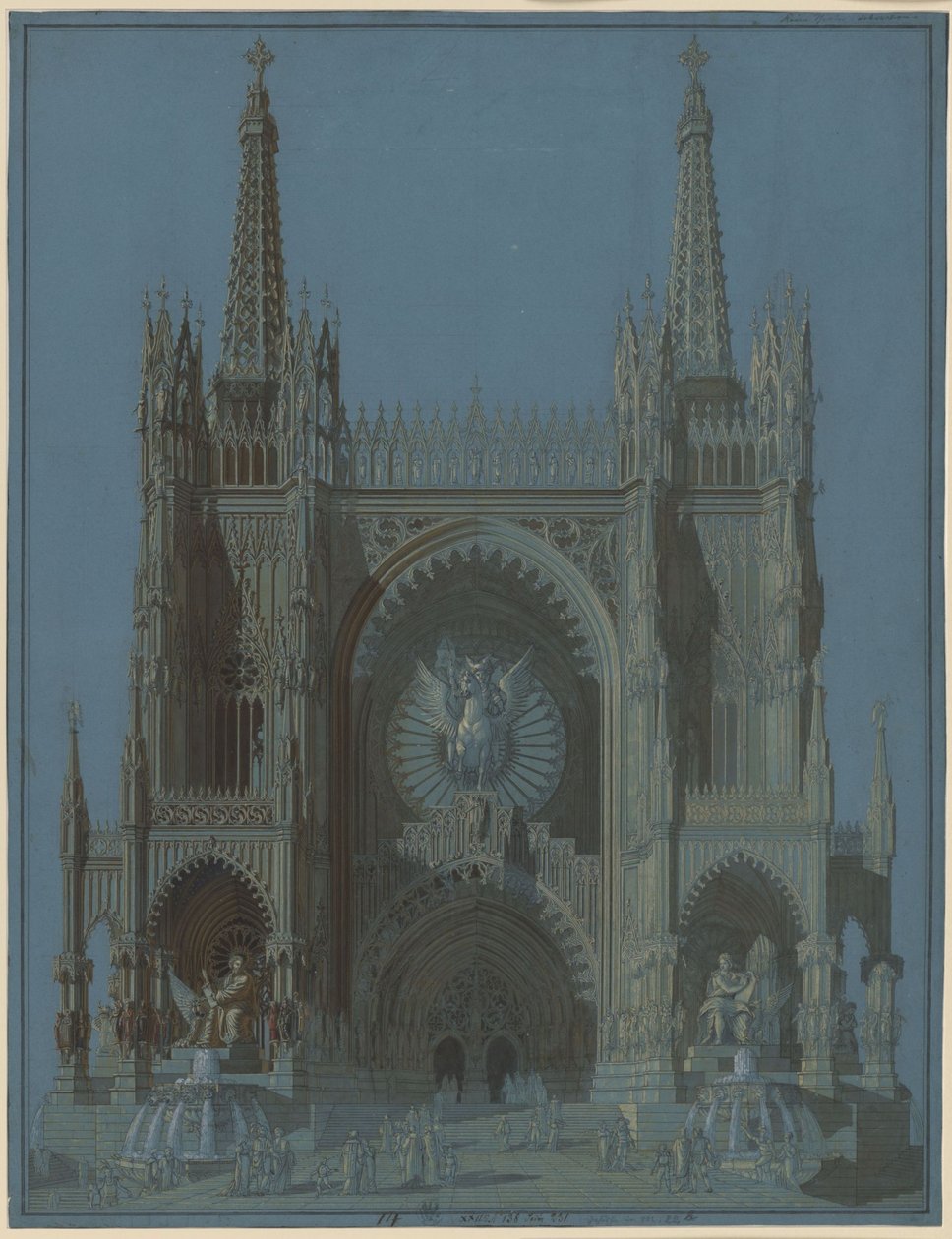 Fasad till en gotisk katedral med två torn av Karl Friedrich Schinkel