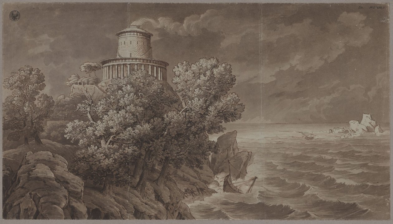 Klipprig havskust med en fyr i antikiserande stil i upprörd sjö av Karl Friedrich Schinkel