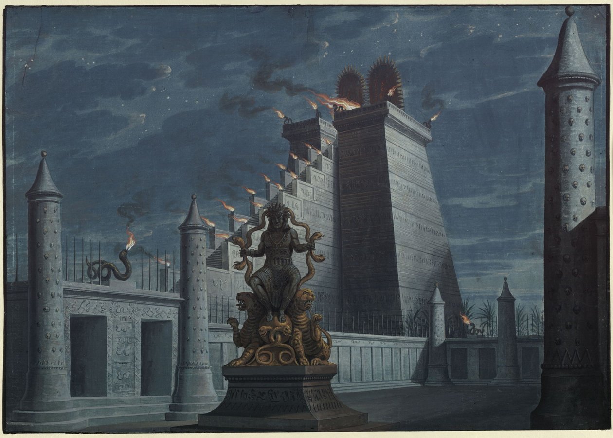 Fernand Cortez, eller: Erövringen av Mexiko. Opera av Gaspare Spontini. Utkast till den första scenografin. Indianernas eldtempel av Karl Friedrich Schinkel