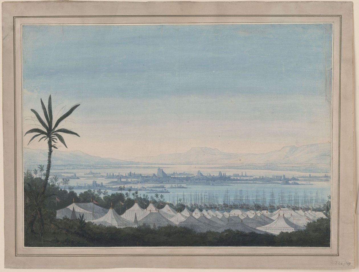 Fernand Cortez, eller: Erövringen av Mexiko. Opera av Gaspare Spontini. Förslag till den 2:a dekoren. Utsikt över Mexico City och spanjorernas läger av Karl Friedrich Schinkel