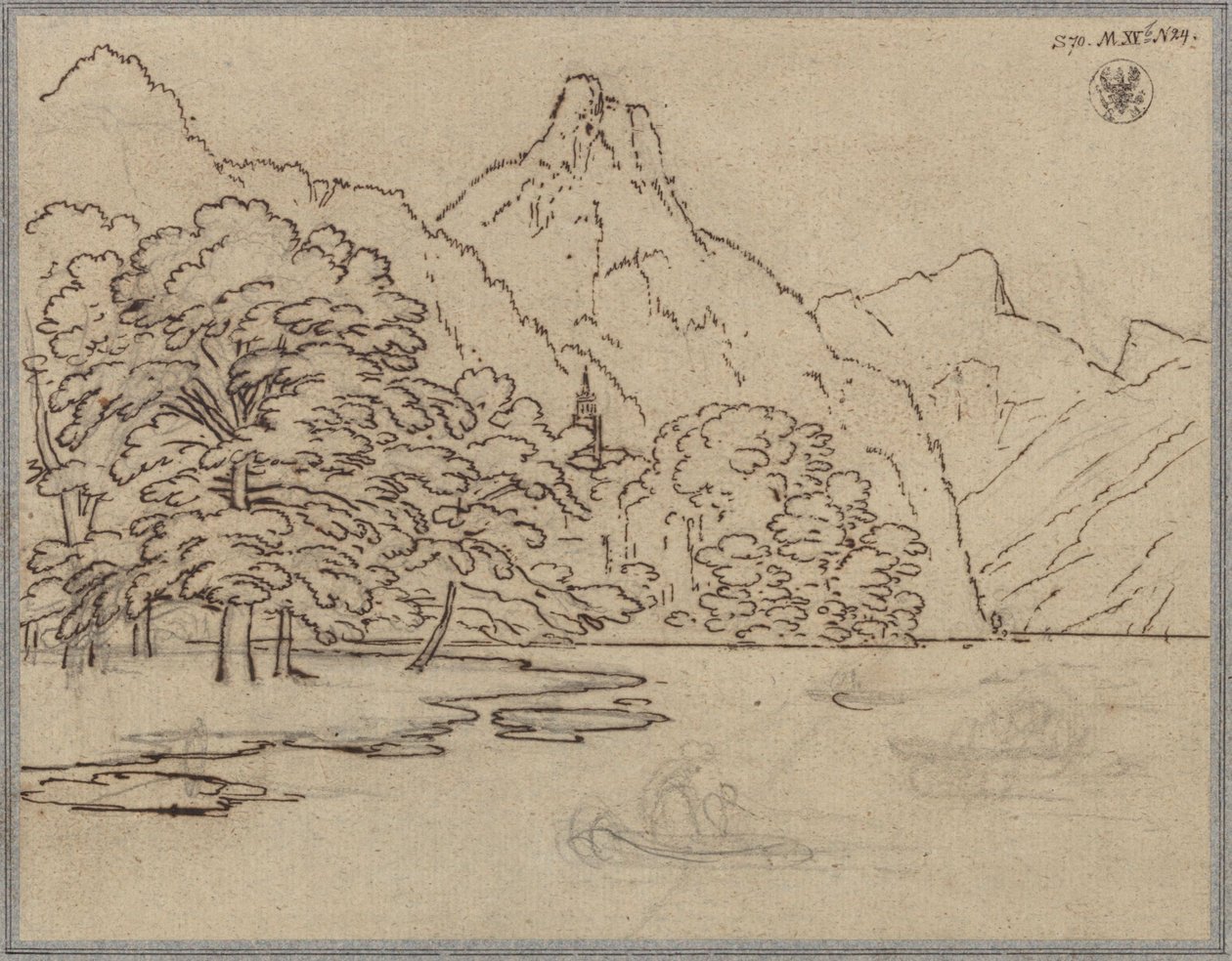 Bergslandskap med sjö, troligen Traunsee med Kleiner Sonnstein av Karl Friedrich Schinkel