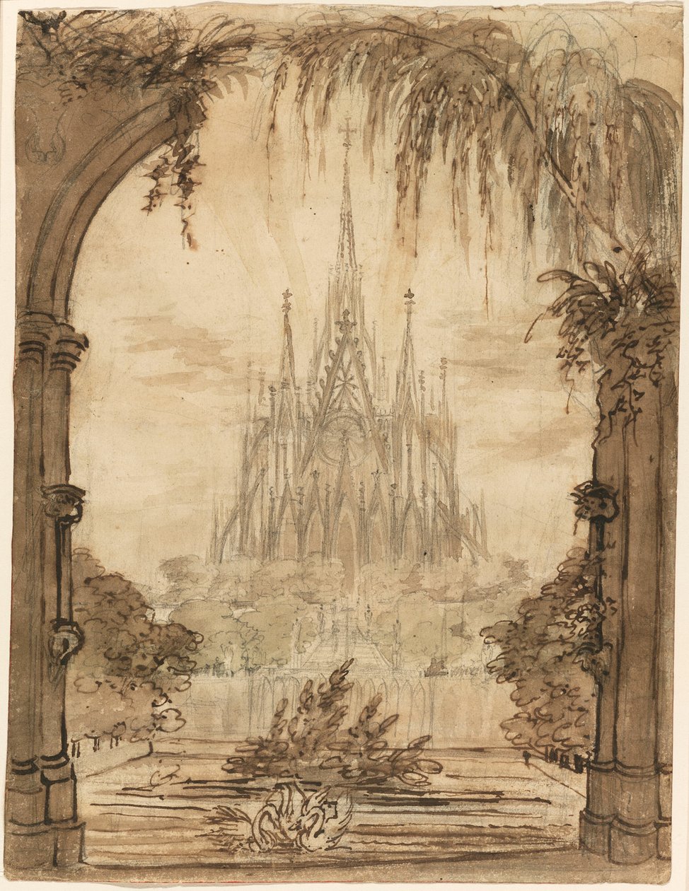 Gotisk katedral bakom en damm med svanar av Karl Friedrich Schinkel