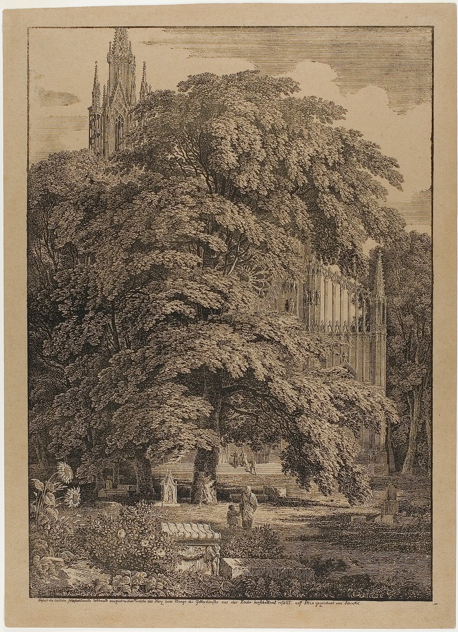 Gotisk kyrka bakom en eklund med gravar av Karl Friedrich Schinkel