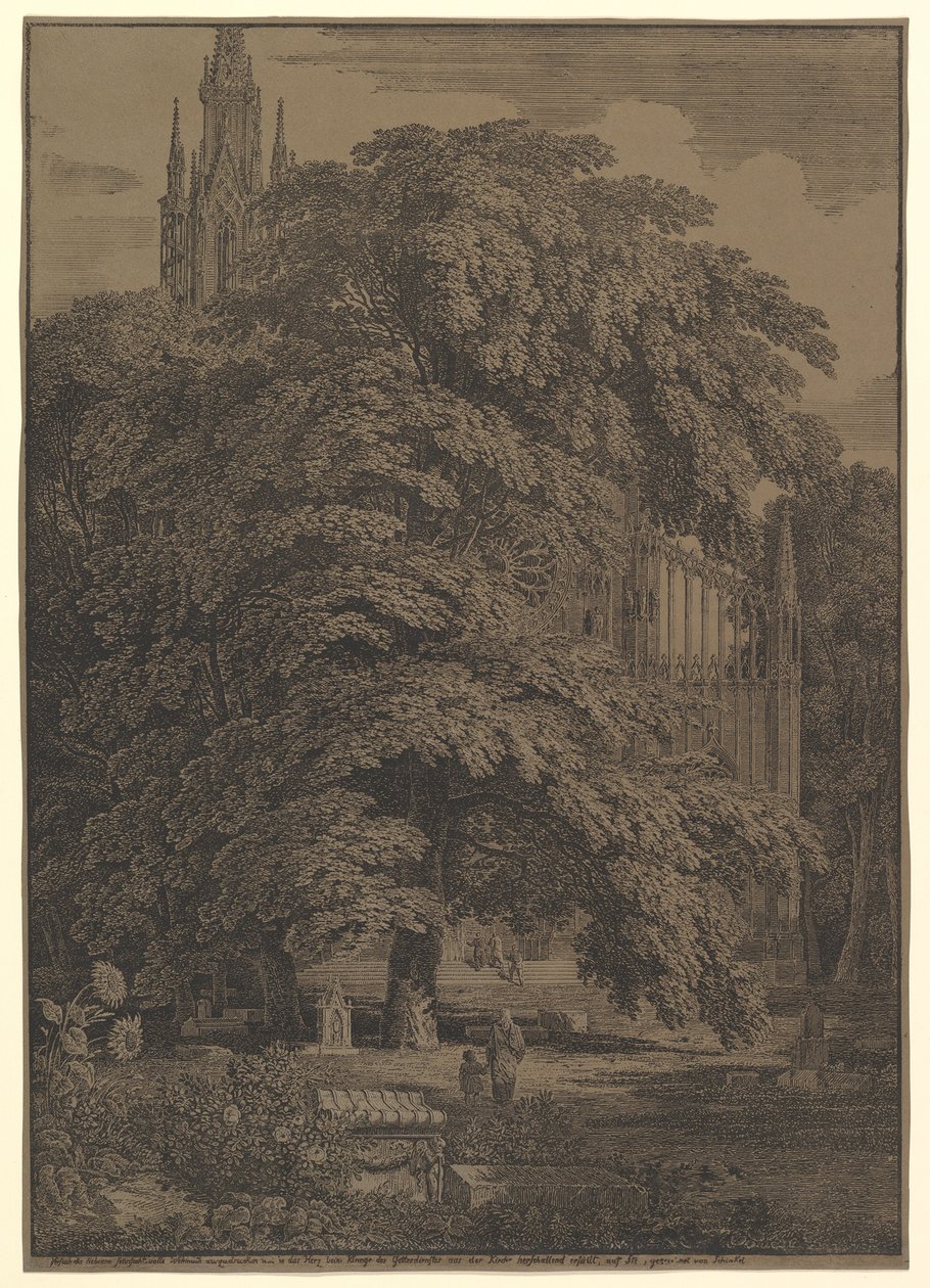 Gotisk kyrka gömd av ett träd, 1810. av Karl Friedrich Schinkel