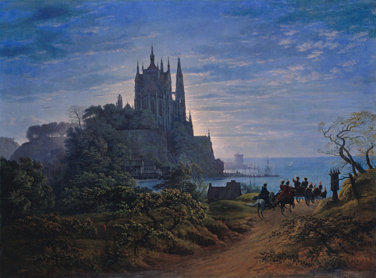 Gotisk kyrka på en klippa vid havet, 1815 av Karl Friedrich Schinkel