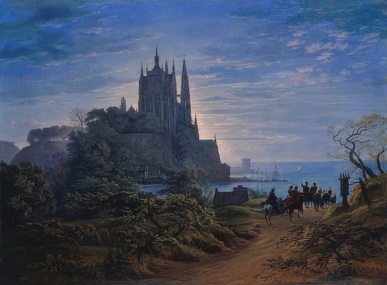 Gotisk kyrka på en klippa vid havet. 1815 av Karl Friedrich Schinkel