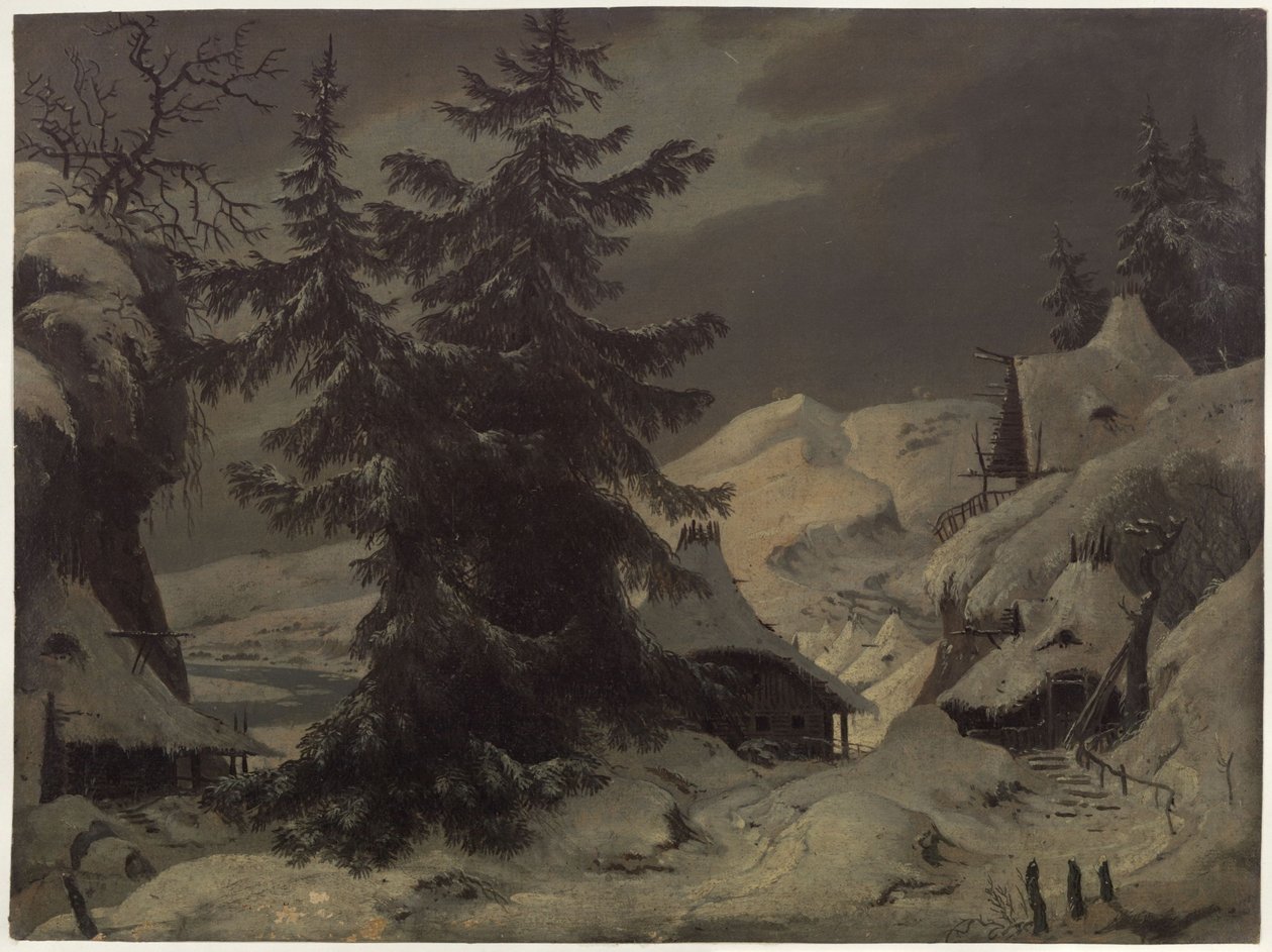 Greve Benjowski, eller Komplotten på Kamchatka. Pjäs av August von Kotzebue. Skiss till den andra kulissen. By med snölandskap av Karl Friedrich Schinkel