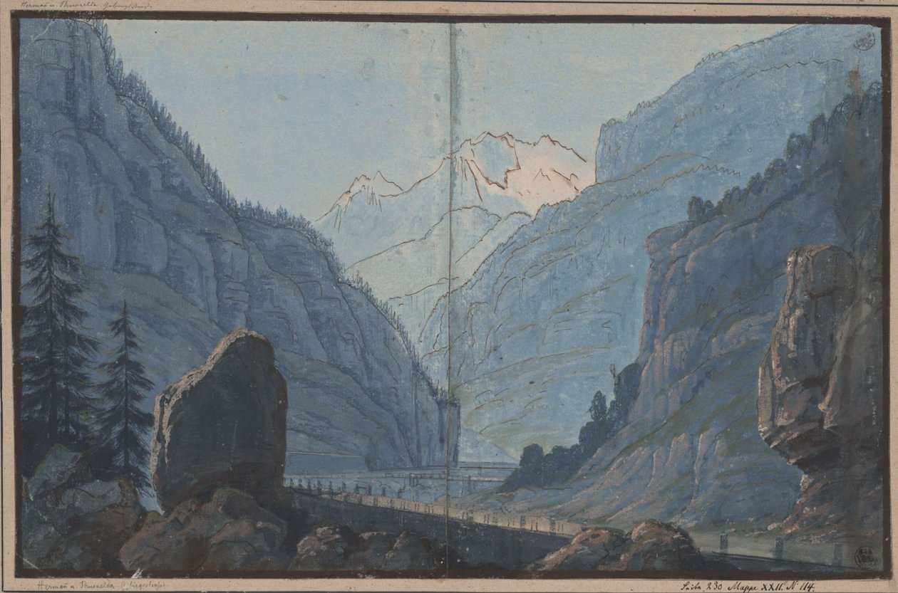 Herrmann och Thusnelda. Skådespel av August von Kotzebue. Utkast till den 5:e dekoren. Bergsväg av Karl Friedrich Schinkel