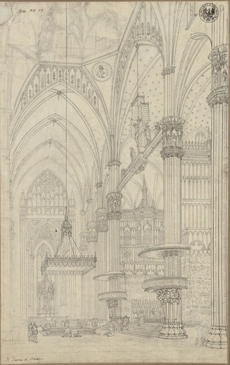 "Interiör från tvärskeppet i Milanos domkyrka" / Vy in mot korsmitten och det norra tvärskeppet i Milanos domkyrka av Karl Friedrich Schinkel