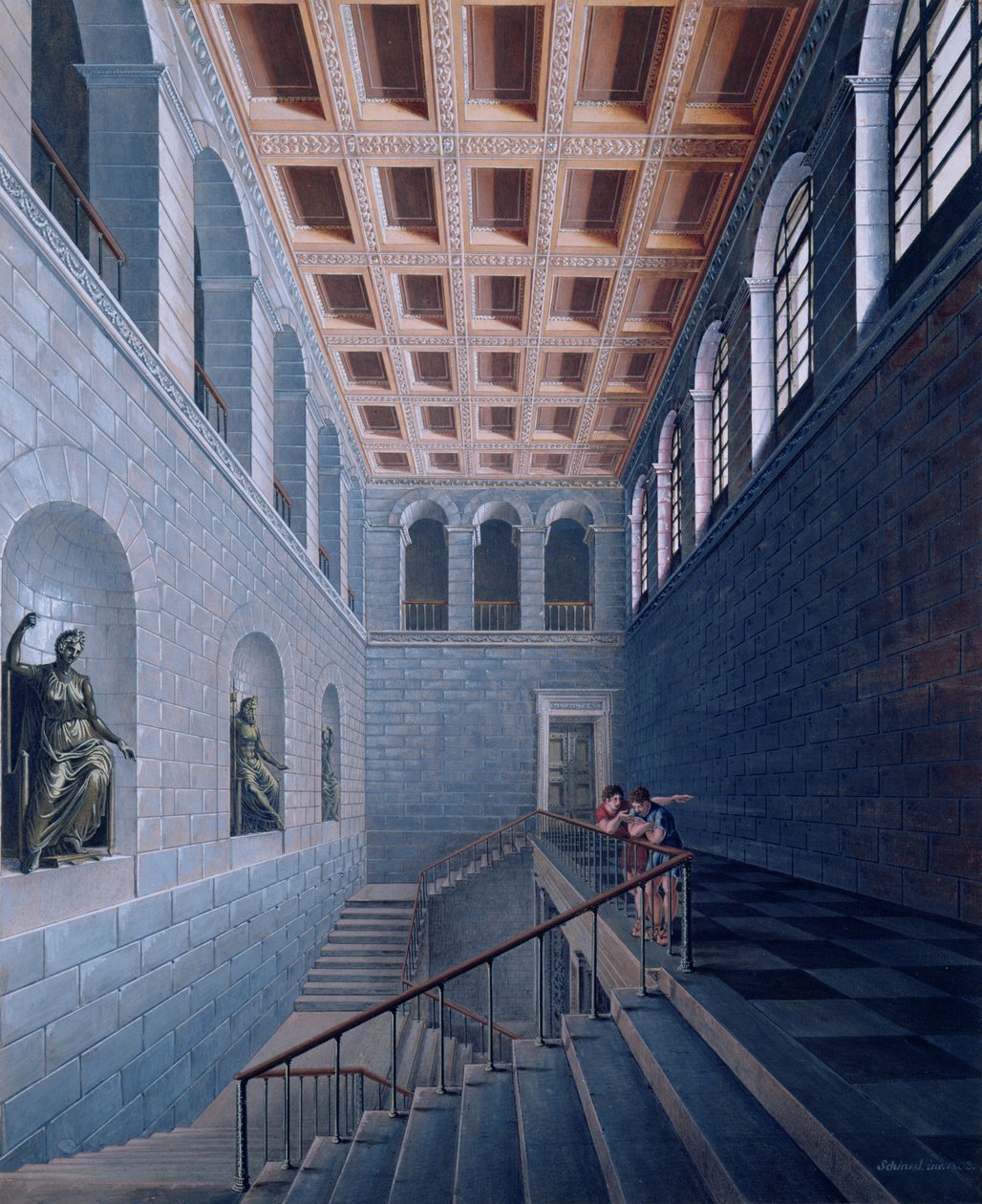 Interiörvy av en trappa, design för ett slott i Koestritz, 1802-03 (penna & bläck och bc på papper) av Karl Friedrich Schinkel
