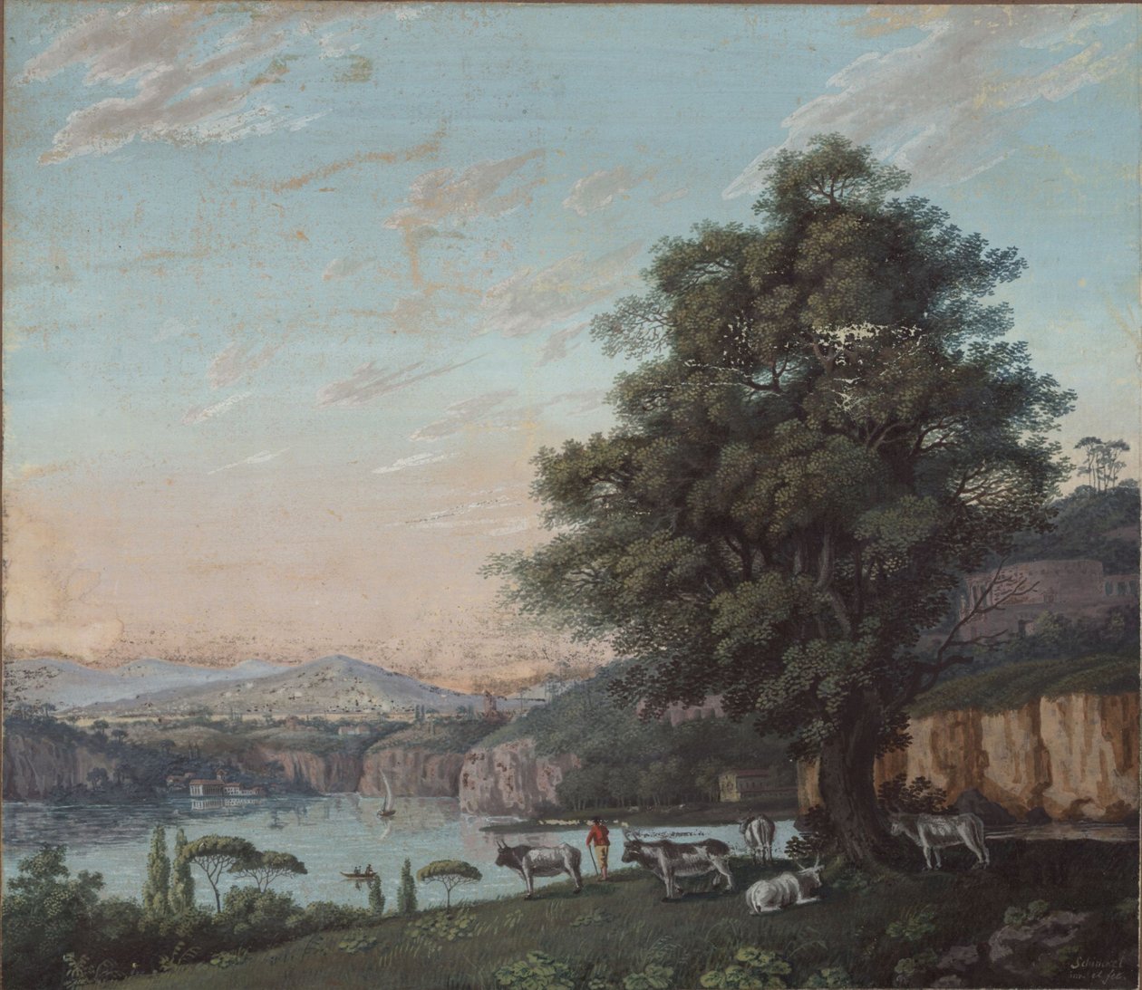 Italienskt ideallandskap med träd, hjord och berg av Karl Friedrich Schinkel