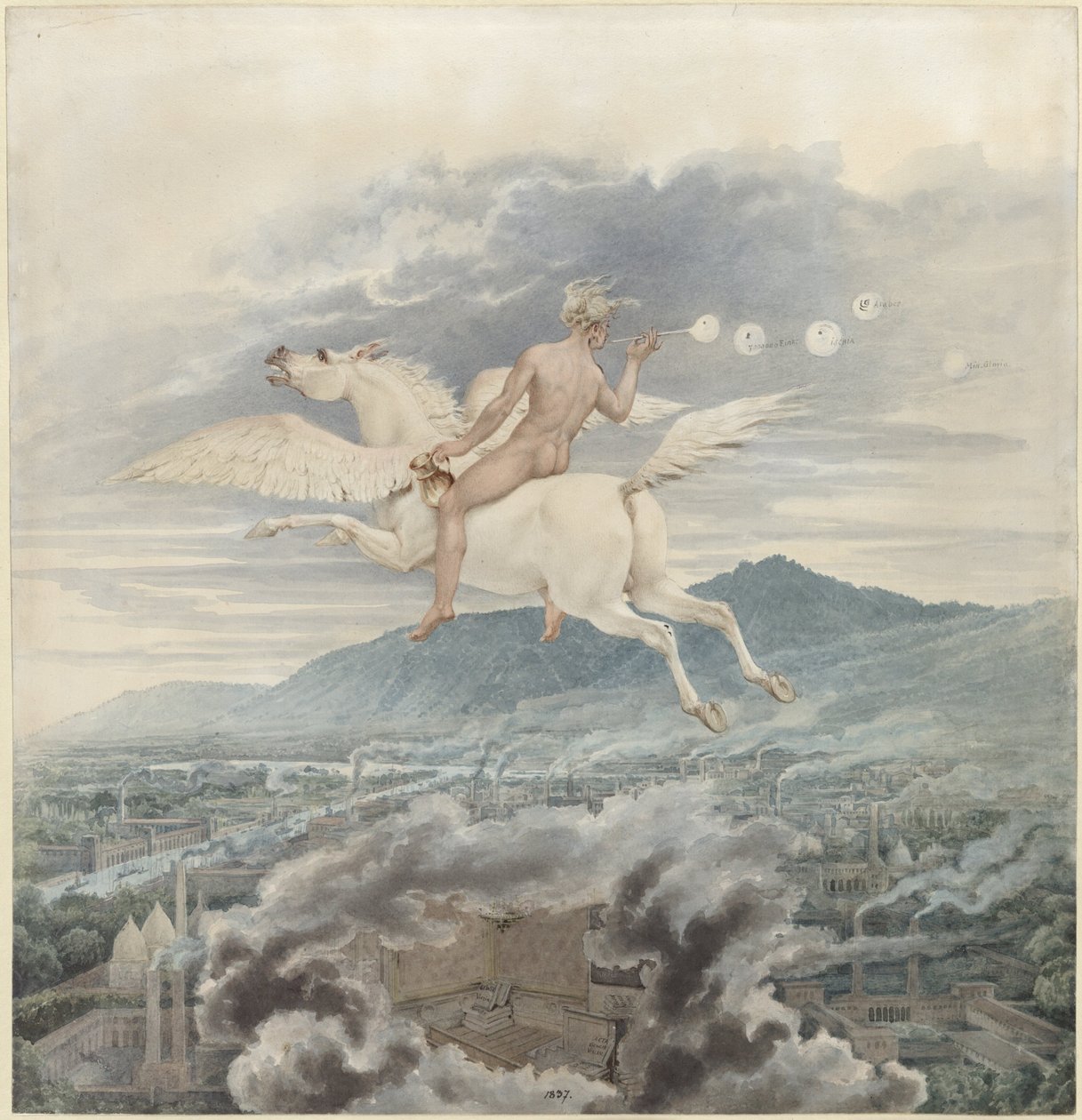 Karl Friedrich Schinkel – Kvinnlig figur som blåser bubblor, som allegori över Christian Peter Wilhelm Beuth, som rider på Pegasus över en industristad – 1837 av Karl Friedrich Schinkel