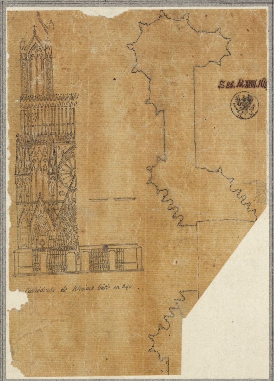 Kathedrale von Reims. Teilansicht der Westfassade und Grundriss av Karl Friedrich Schinkel